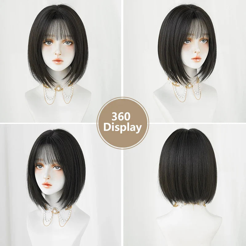 BXOXO Layered Wig Synthetic Short Straight Bob Wig for Women Daily Use High Density Dark Brown Wigs with Curtain Bangs