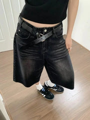 BXOXO 2025 Y2k Retro Women Low Rise Jorts Brushed Black Wash Cropped Baggy Jeans Wide Leg Frayed Denim Short Pants Acubi Fashion