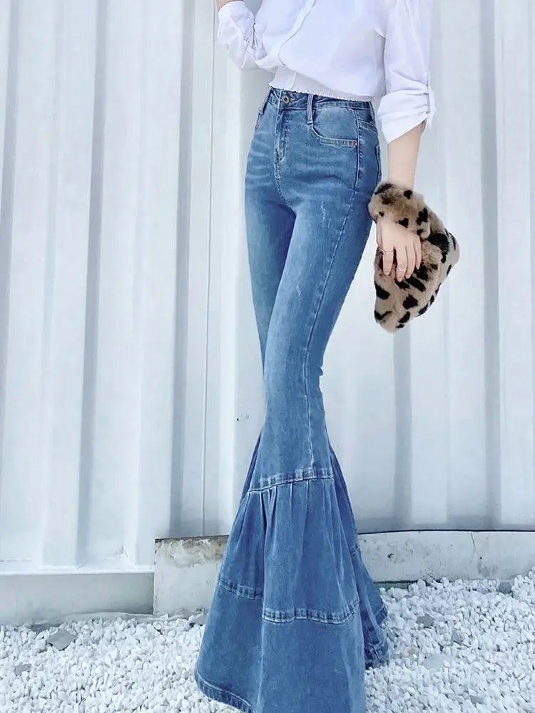 BXOXO Spring and Autumn Light Color Flared Pants Women's Retro High Waist Splicing Loose Slim Wide Leg Denim Pants y2k jeans