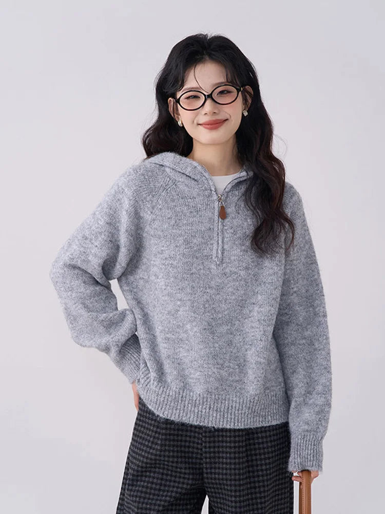 Bxoxo Korean Vintage Gray Sweaters Women Long Sleeve Casual Simple Knitted Hooded Jumper Retro Loose All Match Female Fall Winter Tops