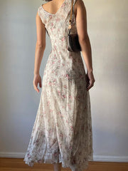 BXOXO French Chic Elegant Flower Print Women Dress Lace Trim Ruched Slim Long Dress Summer New Clothes