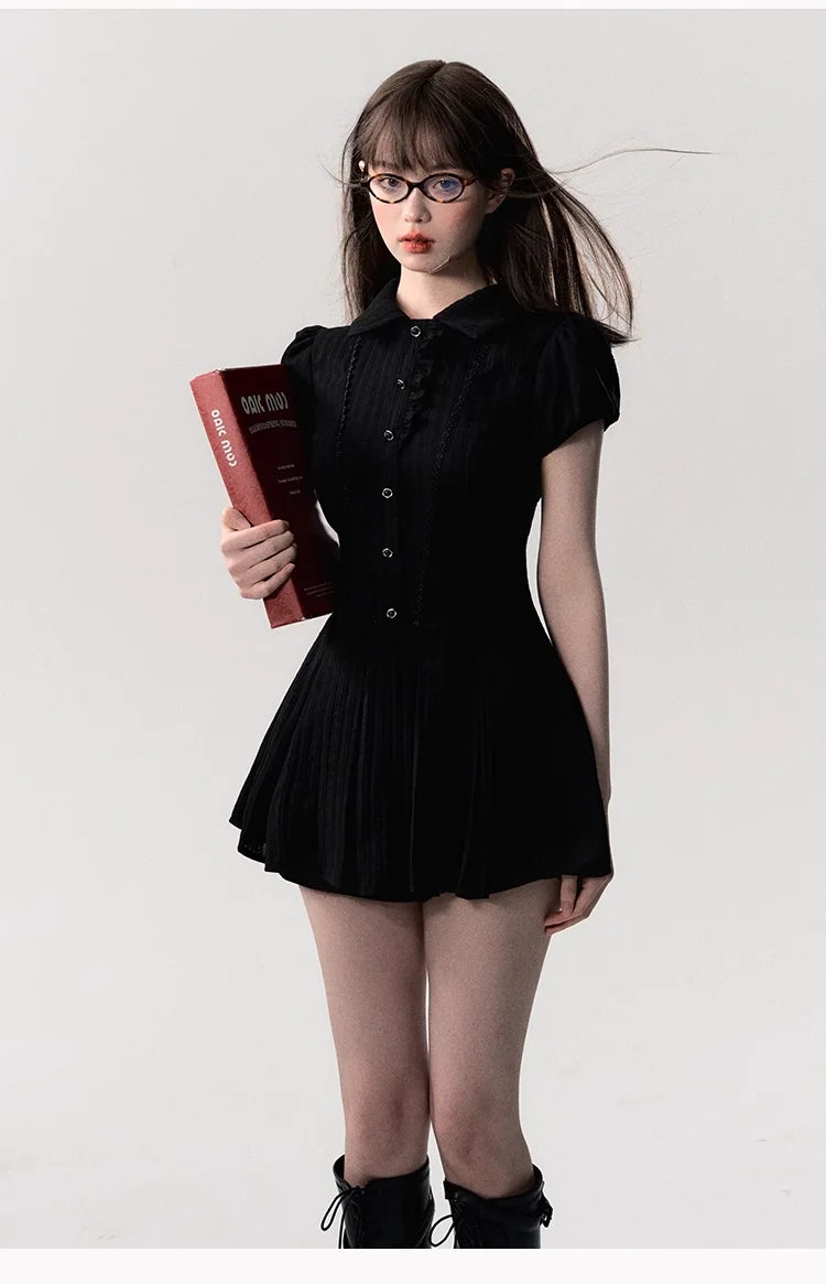 Bxoxo High Quality Dress A-line Elegant Sexy Lace Short Sleeved Shirt Skirt Commuting College Style Decoration Retro Dress Vestido Y2k
