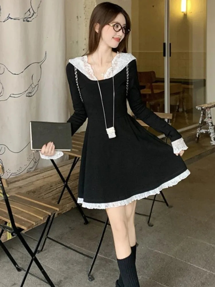Bxoxo Women's French Lace Patchwork Y2K Dress Hooded Long Sleeves Slim Waist A-Line Short Skirt 2025 New Spring Summer Chic Vestidos