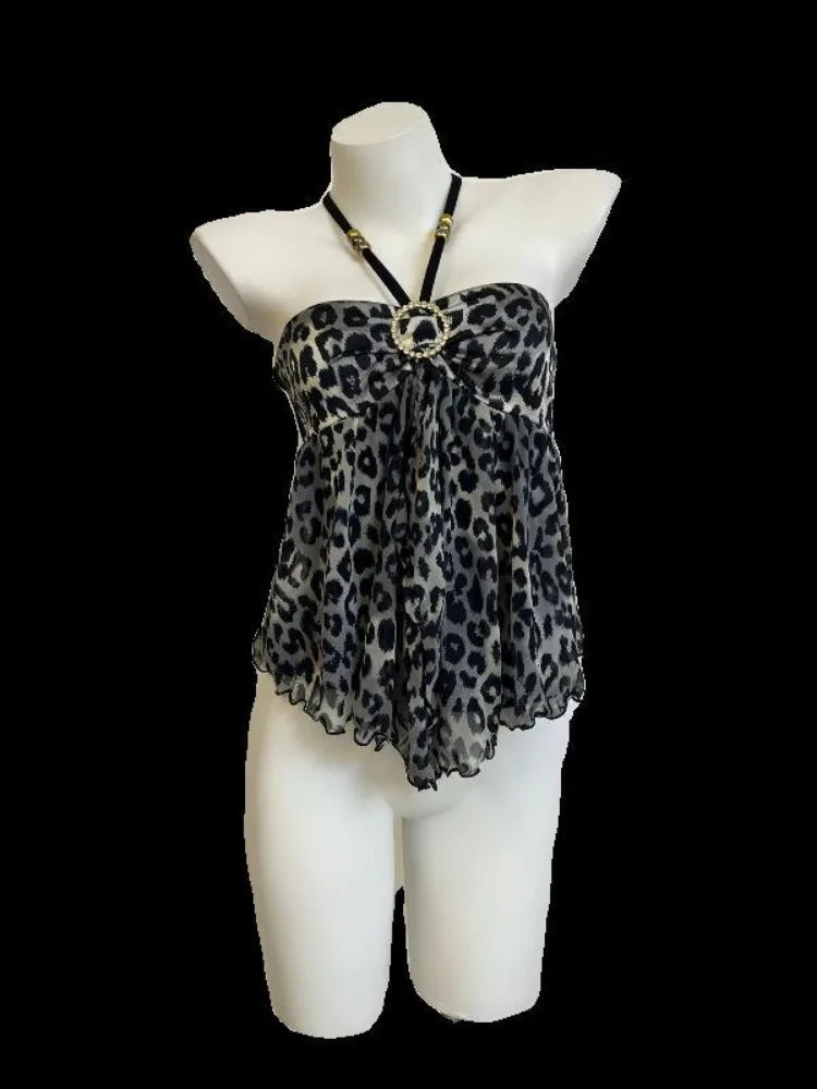 BXOXO Women Clothing Summer Crop Tops 2024 Ropa Mujer Halter Backless TLoose Vest Sweet Korean Camis Korean Leopard Print Sexy Tanks