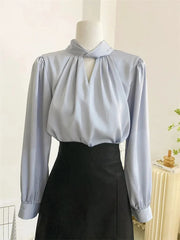 Bxoxo Spring Scarf Collar Women Blouse Fashion Long Sleeve Solid Elegant Office Lady Casual Tops Korean Chic Lace Up All Match Shirt