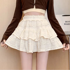 BXOXO Sweet Cute Lace Mini Skirt Women Kawaii White Ruffles Pleated Skirts Summer Korean High Waist Black Casual A Line Skirt