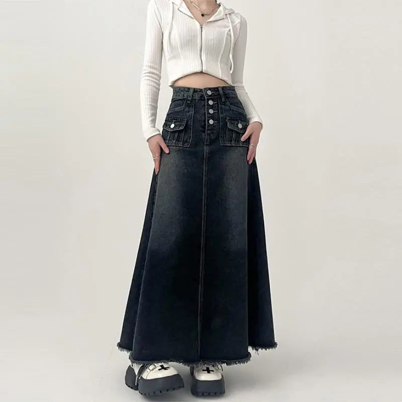 BXOXO High-waisted Cargo Denim Skirt Women's Autumn Long A-line Mid-length Skirt  Retro Raw Edge Y2k Female Clothing Korean Style