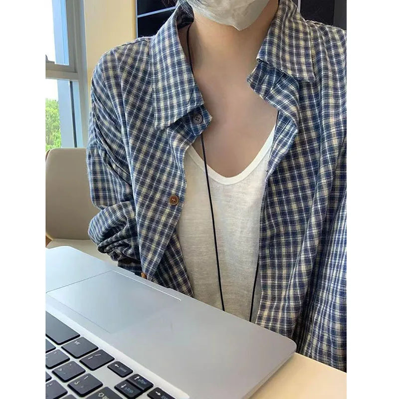 Bxoxo Vintage Blue Plaid Shirts for Women Casual Loose Long Sleeve Checkered Blouses Bf Summer Streetwear Lapel Shirt New