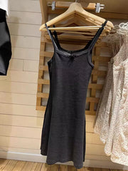 BXOXO Lace Trim Slim Sexy Mini Dress for Woman Sleeveless Bow Elastic Bodycon Short Vestidos Summer Sweet Cute Black Tank Dresses