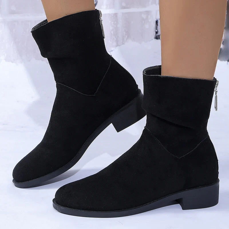 BXOXO Autumn Womens Solid Pleated Ankle Boots Fashion Faux Suede Square Heel Boots Ladies Round Toe Back Zipper Office Shoes Boats