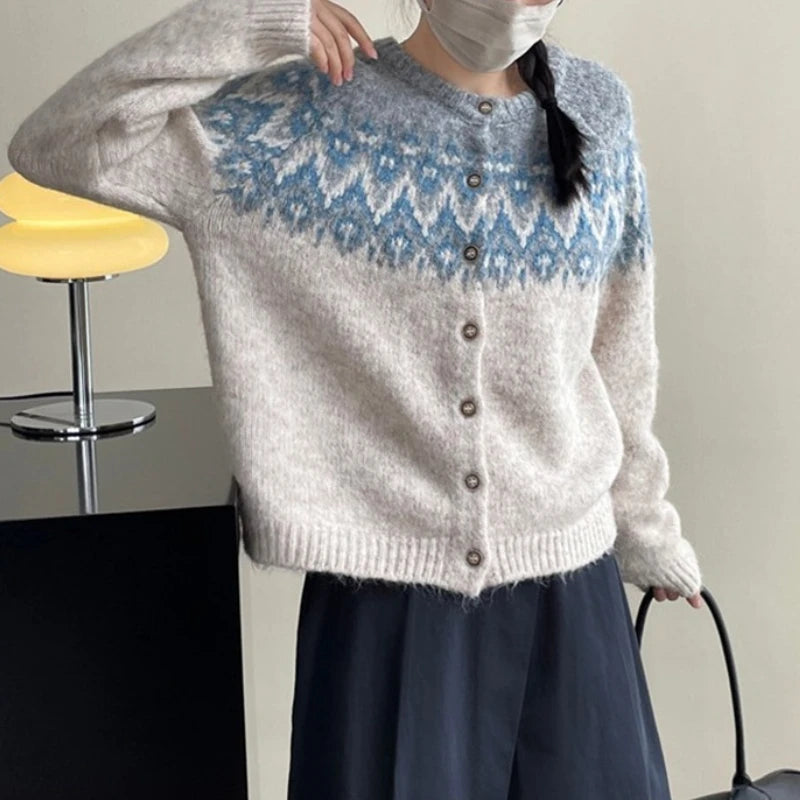 Bxoxo Vintage Fair Isle Knitted Cardigan for Women Cozy O-Neck Button Down Sweater Jacket Fall Winter Korean Style Christmas Sweater