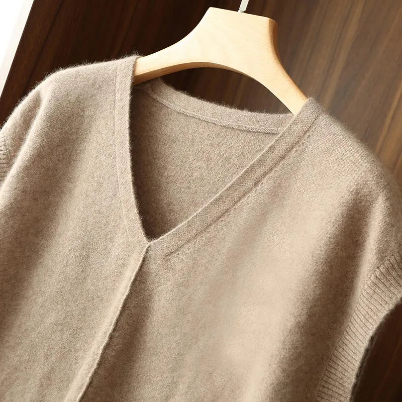 Bxoxo Cashmere Vest Ladies New 100%Pure Wool Knit Waistcoat Spring V-Neck Large Size Sweater Wild Sleeveless Vest Solid Loose Top