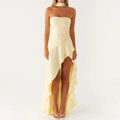 BXOXO Women Casual Tube Dress Summer Solid Color/Floral Print High Low Ruffles Dress with Scarf for Cocktail Streetwear