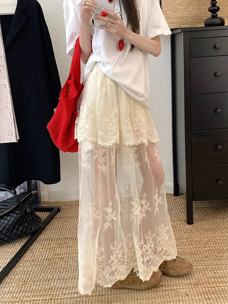 Bxoxo French Elegant Lace Midi Skirts Women Summer New Chic Patchwork Mesh Y2K Female High Waist Jacquard All Match A Line Skirts