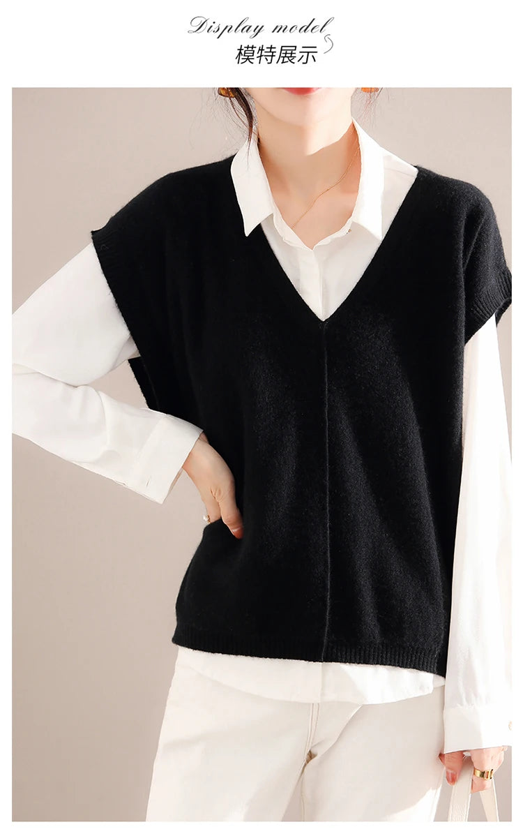 Bxoxo Cashmere Vest Ladies New 100%Pure Wool Knit Waistcoat Spring V-Neck Large Size Sweater Wild Sleeveless Vest Solid Loose Top