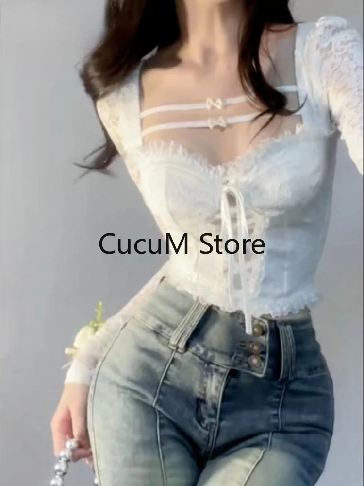 Bxoxo Sexy Crop Tops Slim Fit Lace Blouses for Women Temperament Shirts Bandage Fashion White Y2k Blouse White Cltohing 2023 Summer