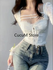 Bxoxo Sexy Crop Tops Slim Fit Lace Blouses for Women Temperament Shirts Bandage Fashion White Y2k Blouse White Cltohing 2023 Summer