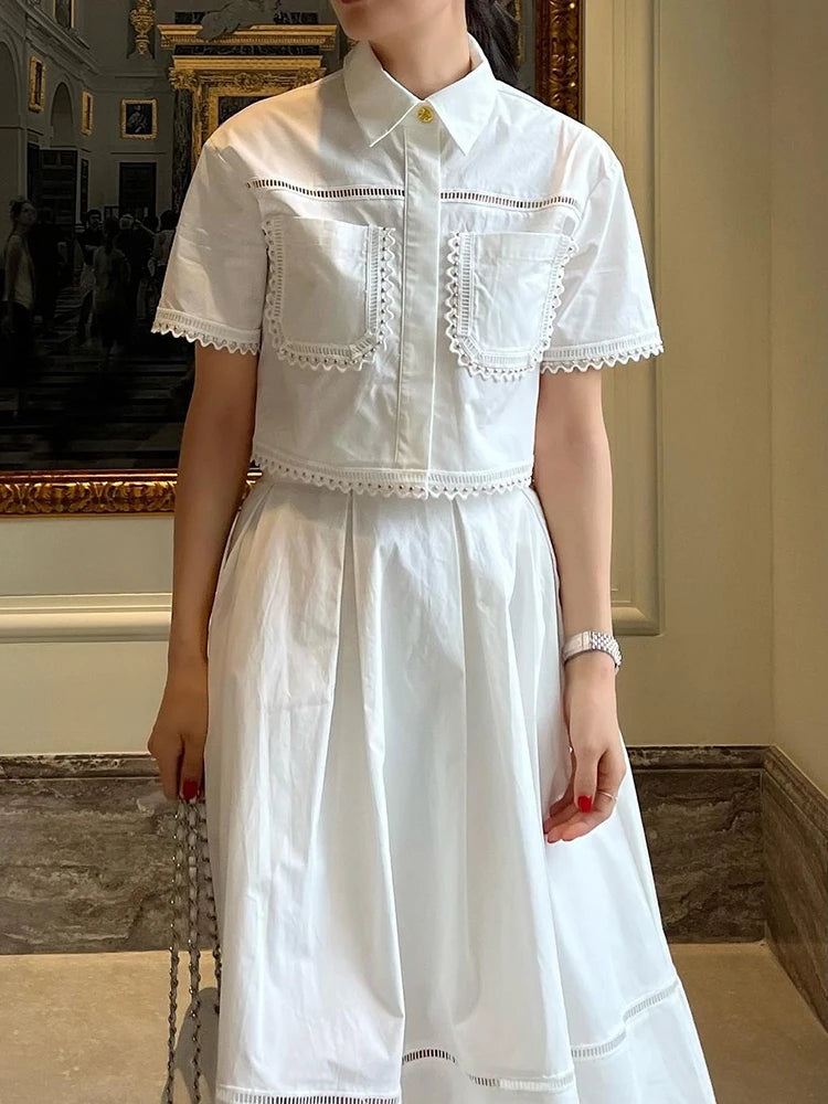 Bxoxo Elegant Two Piece Sets For Women Lapel Short Sleeve Tops High Waist A Line Pleated Skirts Solid Set Female Summer 2023
