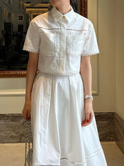Bxoxo Elegant Two Piece Sets For Women Lapel Short Sleeve Tops High Waist A Line Pleated Skirts Solid Set Female Summer 2023