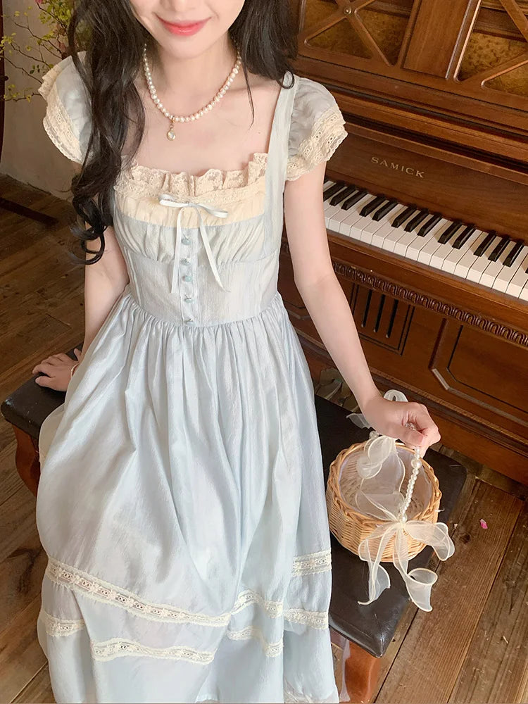BXOXO Elegant Blue Long Dress Women Sweet Lace Patchwork Vintage Dress High Quality Casual Flying Sleeve Bow Lady Retro Vestidos