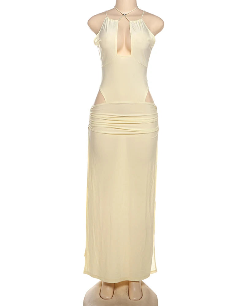 BXOXO Hollow Thin Sexy Women Dress Y2K Side Shirring Hollow Sleeveless Bandage Summer Trend Waistless Clubwear Maxi Bodycon