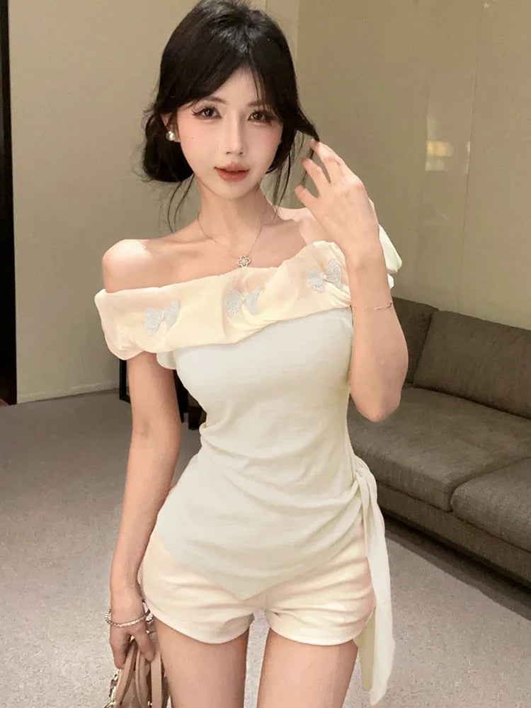 BXOXO Sexy Off Shoulder Slim T Shirt Women Elegant Fashion Slash Neck Sweet Tees Korean Lace Up Design Irregular Butterfly Tops
