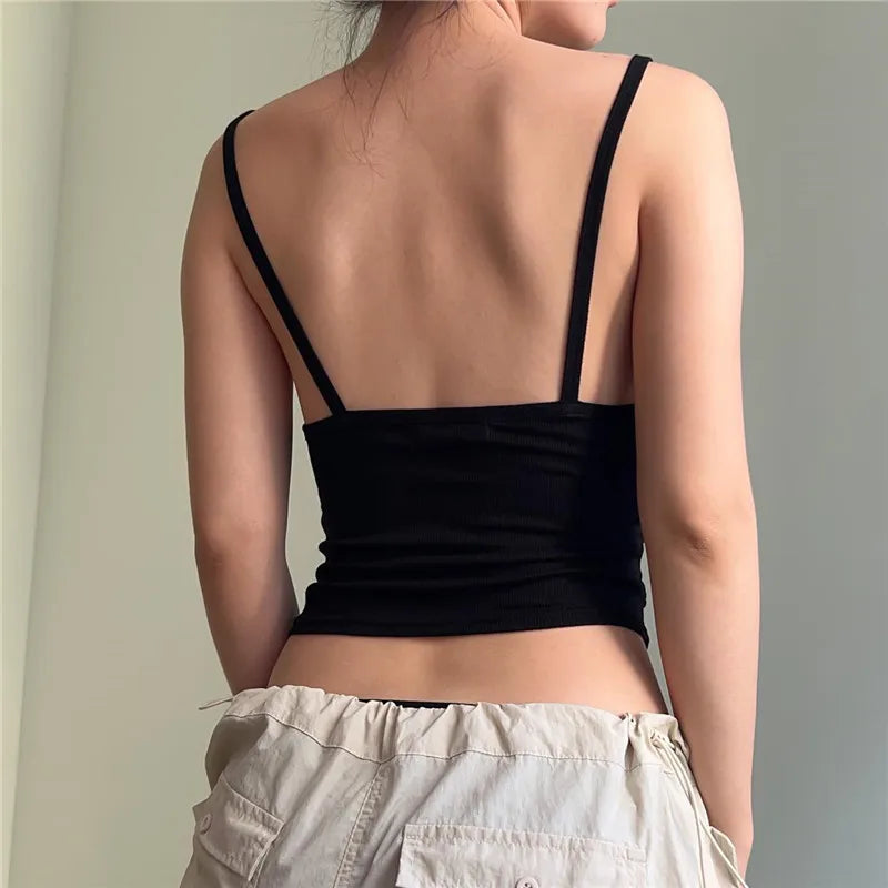Bxoxo Spaghetti Straps Ruched Tank Top Casual All-matching Low-cut Backless Crop Tops Simple Underwear Bodycon Corsets