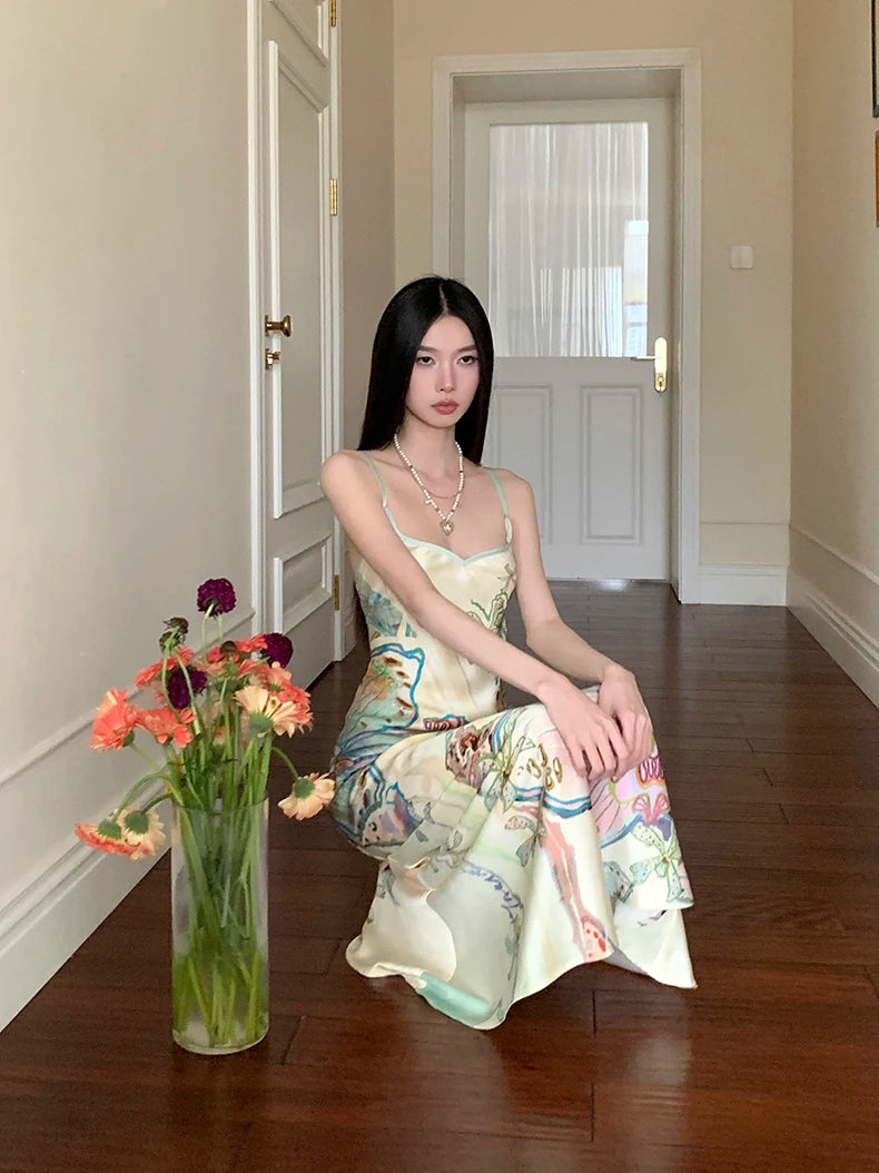 Bxoxo Ocean Flowers Backless Long Mermaid Dress For Woman Summer 2025 V Neck Midi Slip Dress Evening Party Clothes