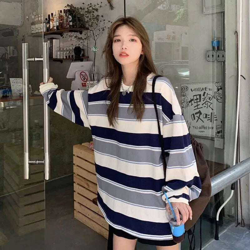 BXOXO Autumn Hoodies Striped Oversized Sweatshirt Women Harajuku Pullovers Korean Fashion Couples Matching Long Sleeve Tops Streetwear