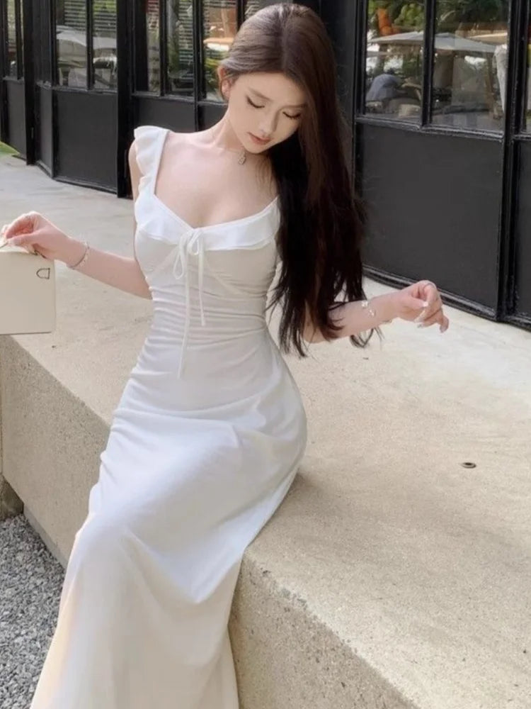 Bxoxo Women's Korean Elegant Ruffles V-neck Lace-up A-Line Dress Sexy Backless Slim Waist Flying Sleeves Dresses Basics Office Lady