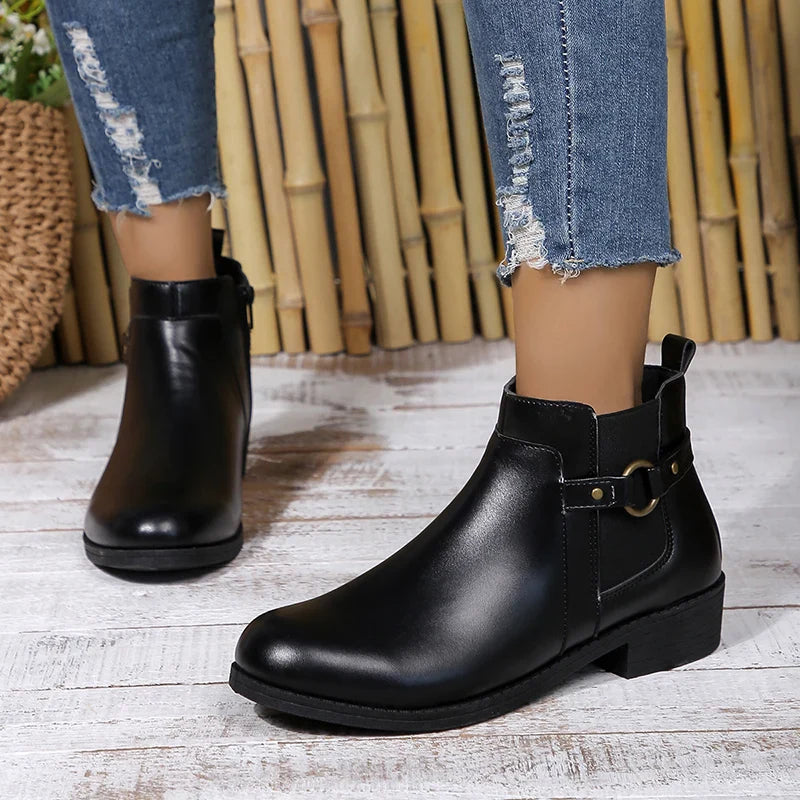 BXOXO Pu Leather Classics Black Thick Heel Ankle Boots Metal Zipper Low Platform Woman Shoes Winter Round Toe Slip On Short Boots