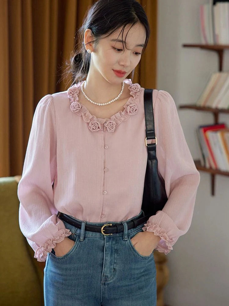 Bxoxo Elegant 3D Floral Blouse Women Vintage Sweet O Neck Long Sleeve Shirt Fall French Retro Casual Female Ruffles All Match Pink Top
