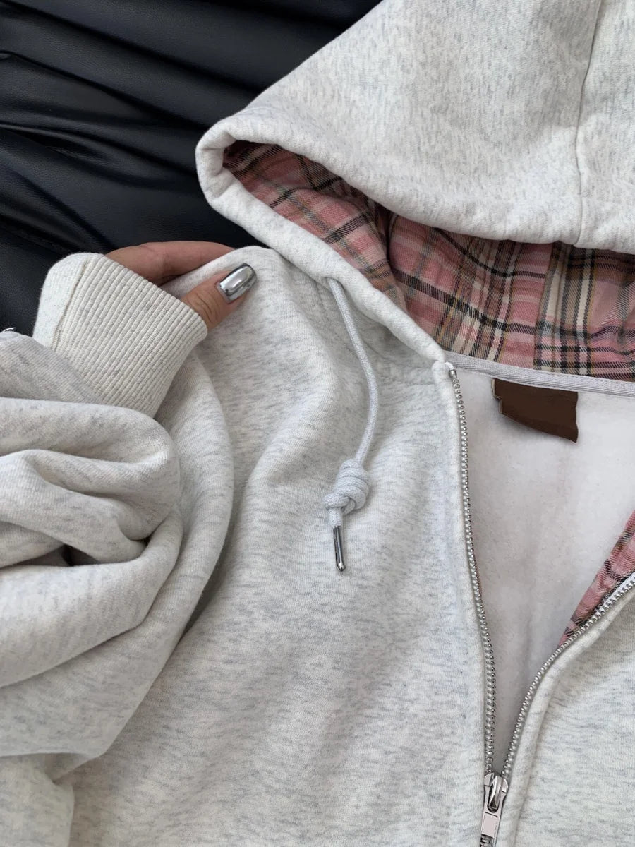 Bxoxo Retro Patchwork Plaid Gray Hoodie Women Autumn Zipper Cardigan Tops Versatile Loose Casual Outerwear Female