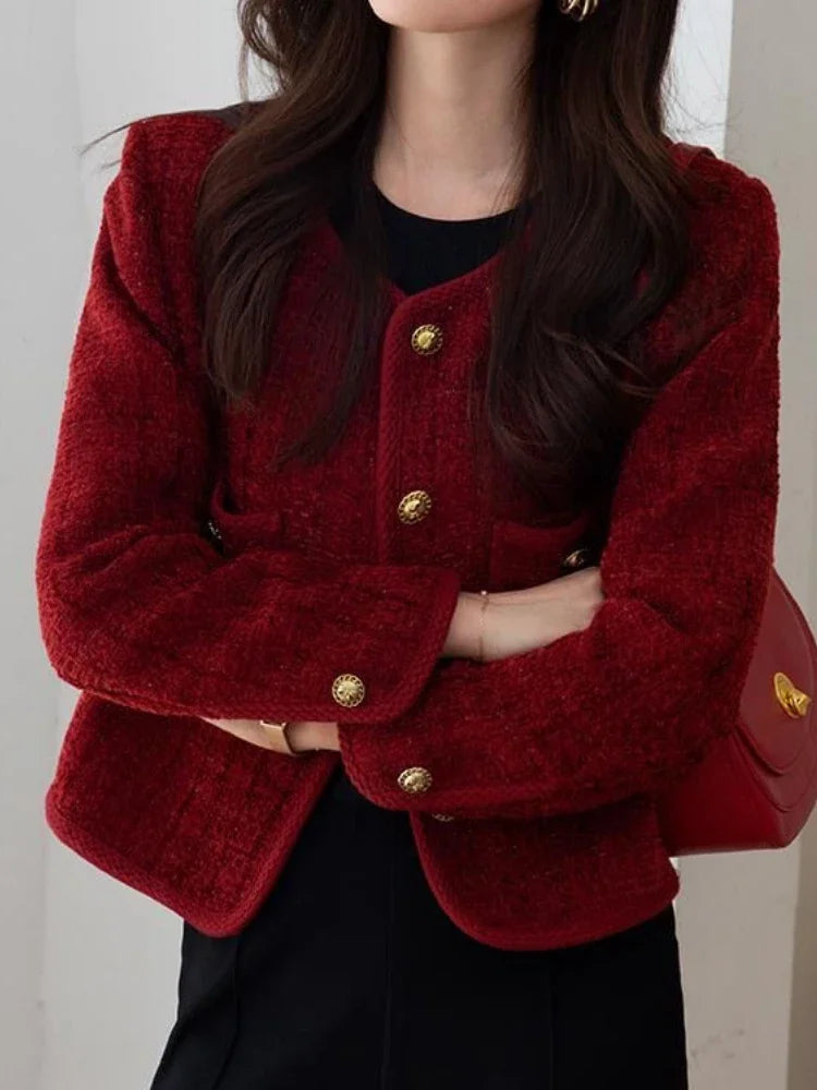 Bxoxo Wine Red Women's Jackets Autumn and Winter New  Metal Buckle Short Women Coat Korean Fashion Slim Elegant Tweed Jackets