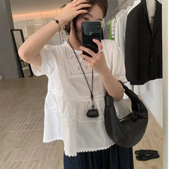 Bxoxo Sweet Korean Sle Lace irt Women's Faion Slimming Loose Bubble Sve Hollow out d Top Commute Sle round Ne or...