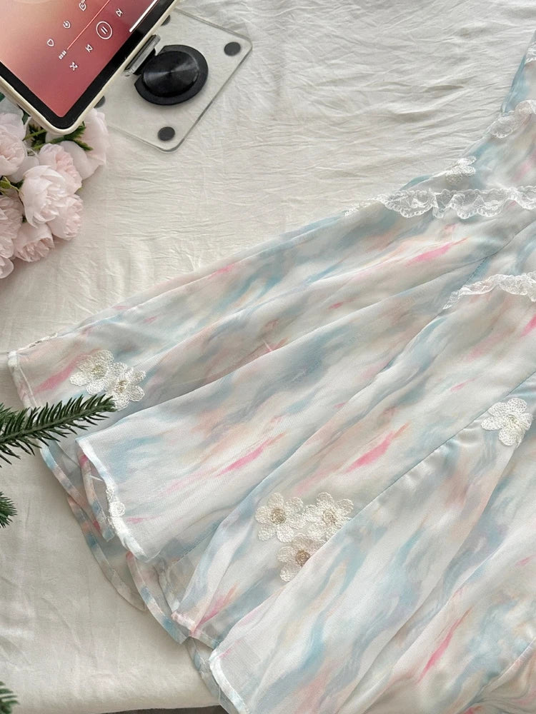 BXOXO Summer French Elegant Original Design Mini Dress Women Print Lace 3D Floral Halter Party Dress Casual Chic Pretty Clothing