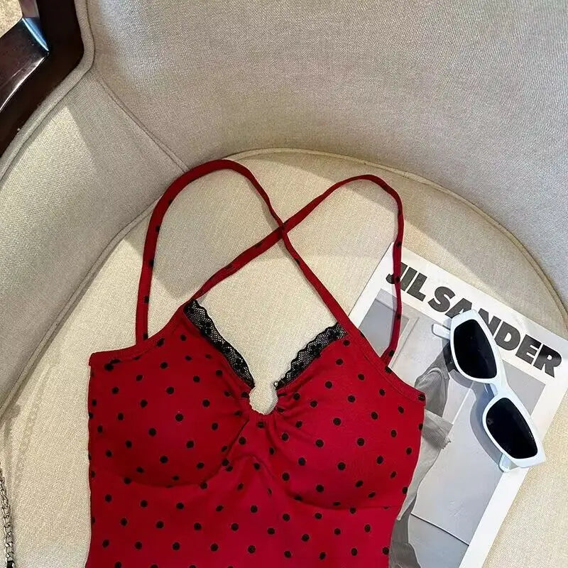 BXOXO Sling Slim T-shirt Woman Clothing Punk Polka Dot Sexy Y2K Goth Vintage Backless V-Neck Harajuku Korea Grunge Hot Girl 2000s Tees