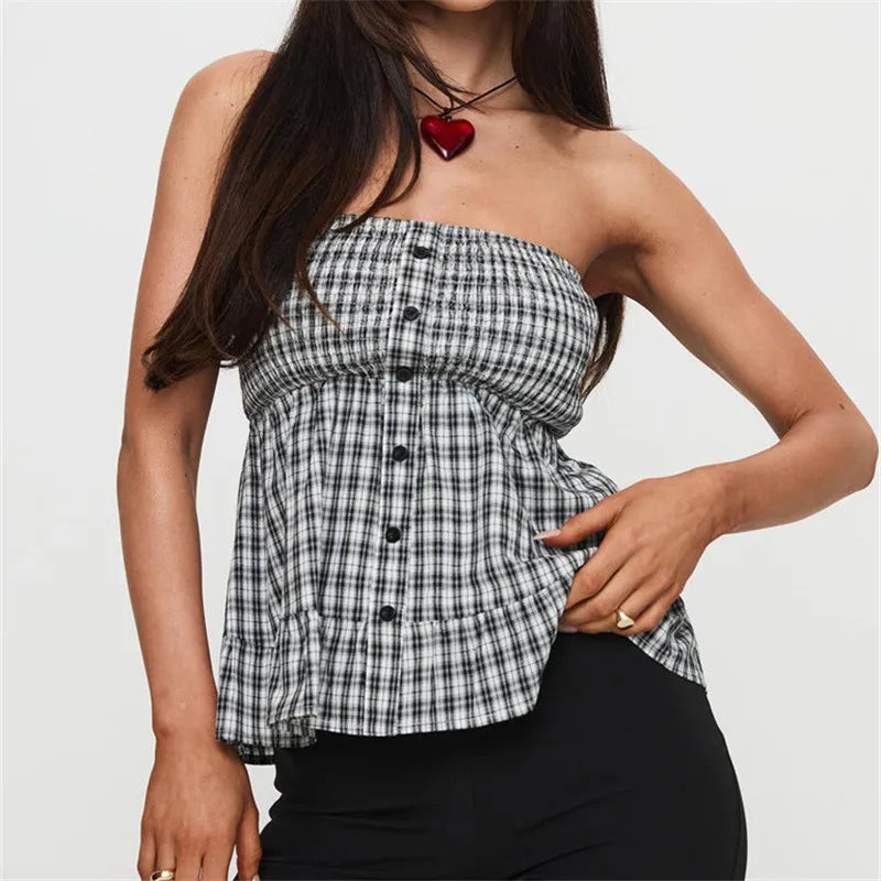 BXOXO Women Strapless Peplum Top Ruffle Hem Tube Bandeau Top Backless Sleeveless Tank Top Summer Going Out Streetwear