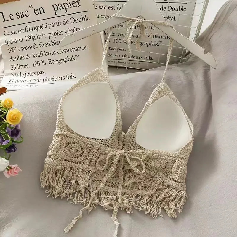 BXOXO Women Knit Halter Sexy Crop Top Lace Up Hollow Out Tassel Tank Top With Bra Spaghetti Strap Camis Beach Top Spring Summer