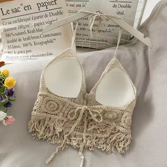 BXOXO Women Knit Halter Sexy Crop Top Lace Up Hollow Out Tassel Tank Top With Bra Spaghetti Strap Camis Beach Top Spring Summer