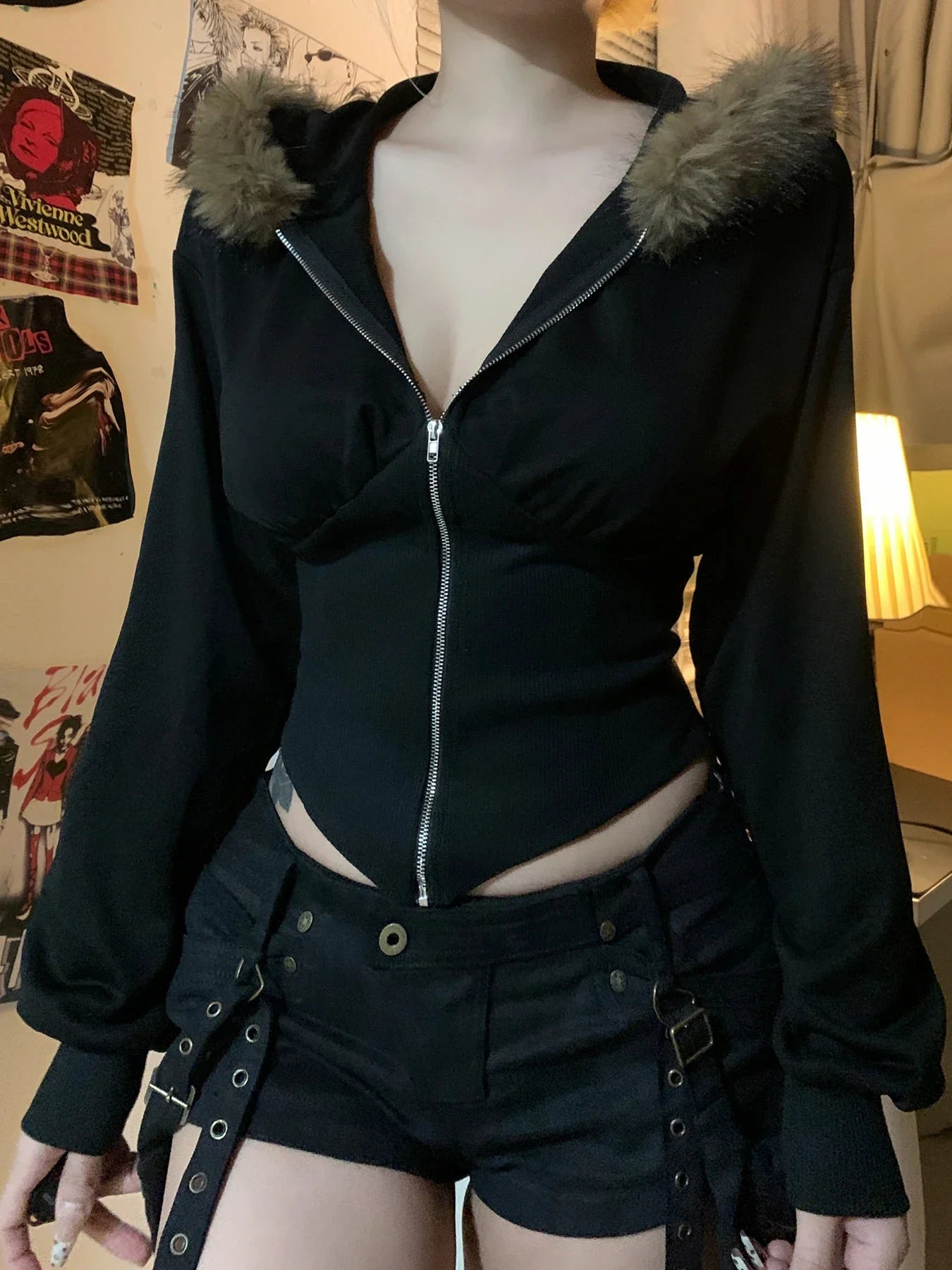 BXOXO Zip Up Fur Neck Hoodie Coats Fashion Slim Solid Y2K Vintage Women's Jackets Casual Streetwear Chic Basics Clothes