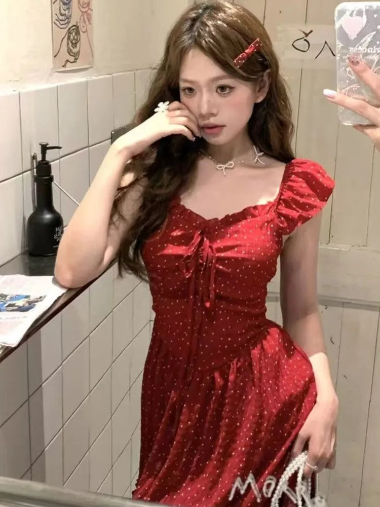 Bxoxo Women's Sexy Hotgirl Dot Dresses Summer French Slash-Collar Slim Fit Hollowed Waist Lace-up A-Line Short Skirt 2025 New Fashion