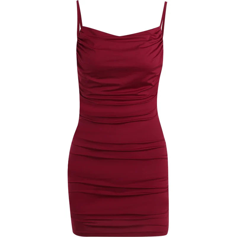 BXOXO 2024 Summer New Women's Sexy Style Party Red Sling Dress Knitted Fabric Gathered Backless Slim Retro Hip Skirt