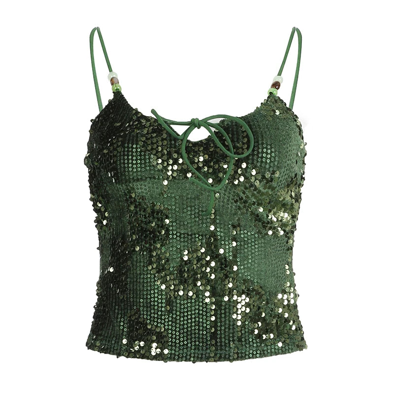 BXOXO Summer Party Sequin Camis y2k Retro Green Sleeveless Lace-up Skinny Crop Top for Women Vintage 2000s Strap Tees Aesthetic