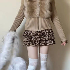 Bxoxo Leopard Print Sexy Mini Skirt Women Ruffle Y2k Vintage Harajuku Short Skirts Streetwear High Waist Layered Retro Skirt