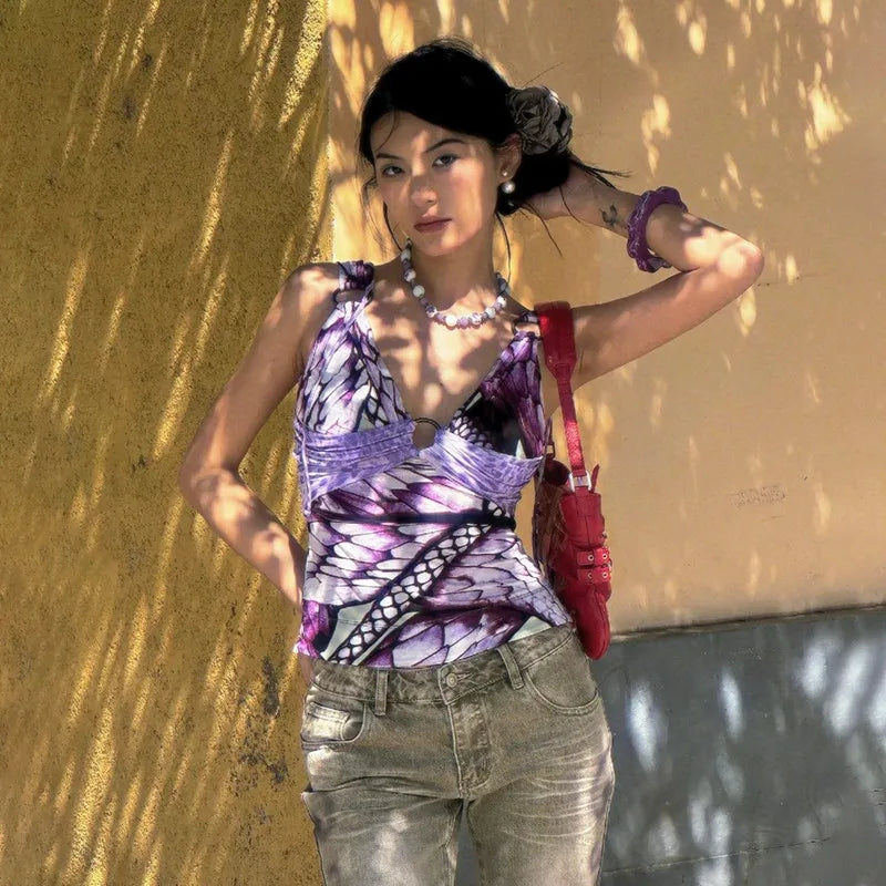 Bxoxo Japanese Y2k Purple Camisole Trashy 2000s V-neck Tank Top Grunge Aesthetics Backless Crop Top Vintage Harajuku Camis Top