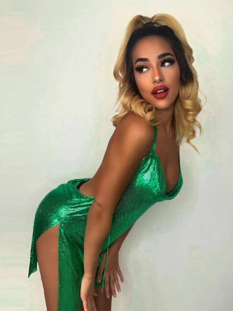 BXOXO Sexy and Fashionable Women's Elegant Short Dress with Hanging Neck Backless Bottom Chest Sequin Party Girl Dance Dress