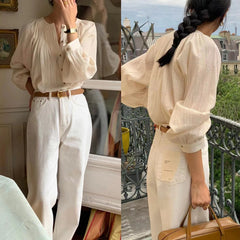Bxoxo Retro Ele Gentle round Ne Pleated Long Sve irt Translucence Single Button Loose Fit Lantern Sve Pure Color Wome...