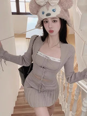 BXOXO Y2k Sweet Outfits Woman Solid Knitted Cropped Patchwork Vest + Slim Cardigan + Mini Pleated Skirt Spring Korean Chic 3 Piece Set