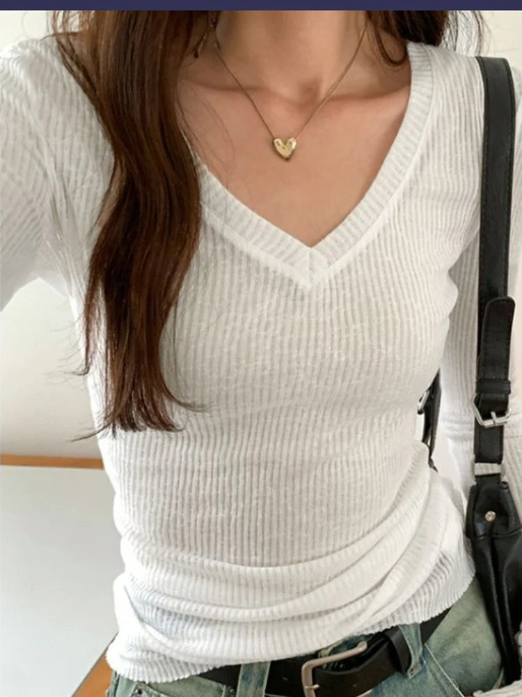 Bxoxo Women Long Sleeve T Shirt Thin Perspective Summer Solid Slim Casual Shirts Female Pullovers Basic Tee Y2k Clothes Streetwear Top